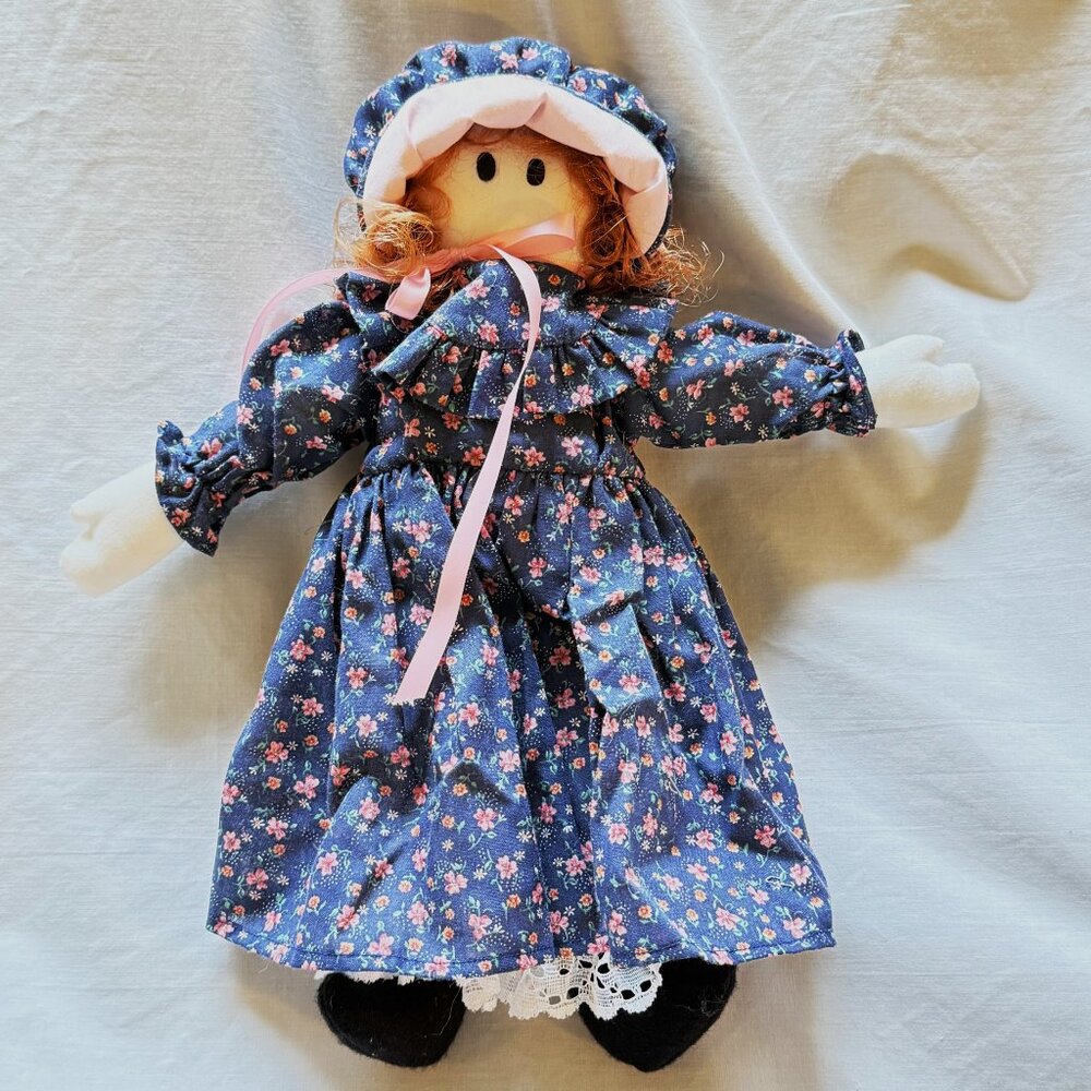 90s 14" Cloth Rag Doll Blue Floral Dress Red Hair Cottage Folk Art Little House